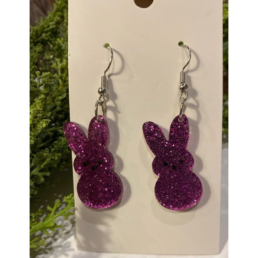 Easter Sparkle Bunny Rabbit Dangle Earrings Pastel Spring Cute Holiday Jewelry - Picture 2 of 6